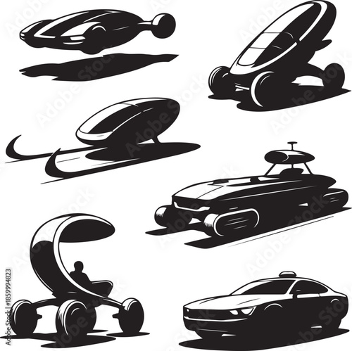 Futuristic cars and vehicles in various sleek designs