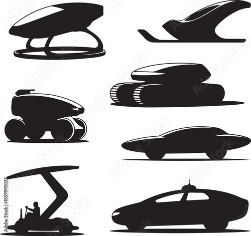 Silhouettes of various futuristic vehicles on white background
