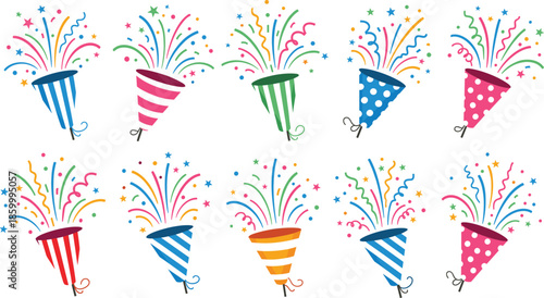 Colorful party popper vector set with various striped and polka dot confetti cannons exploding with stars and streamers for festive celebration design.