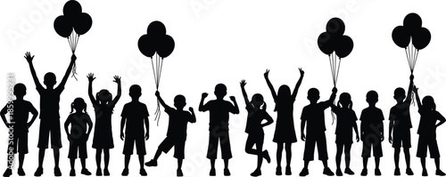 Happy children silhouette collection, diverse group of kids playing with balloons, joyful childhood celebration, party crowd vector illustration, little boys and girls together.
