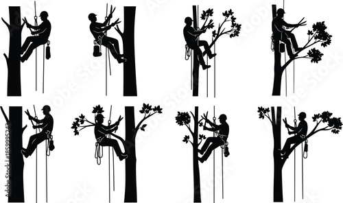 Professional arborist silhouettes collection, tree surgeon trimming branches with tools, utility worker 