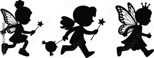 Cute fairy children silhouette set with wings and magic wand, black vector illustration collection, fantasy kids characters for storytelling, decoration, and design concepts
