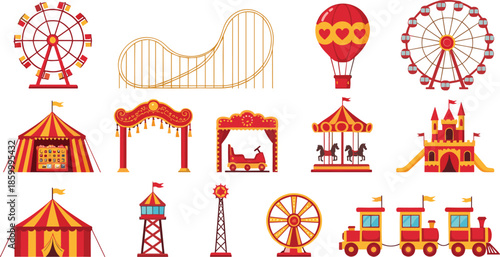 Amusement park vector set featuring ferris wheels roller coaster circus tents carousel hot air balloon and carnival train isolated on white background.