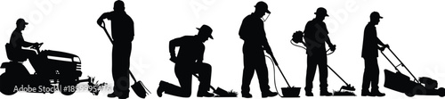 Professional landscaping and gardening service crew silhouettes, workers using lawn mower, trimmer, leaf blower, and shovel for backyard maintenance and lawn care industry.