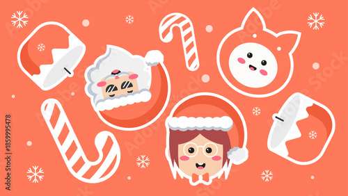 Christmas characters and sweets like santa claus, candy canes, and marshmallows