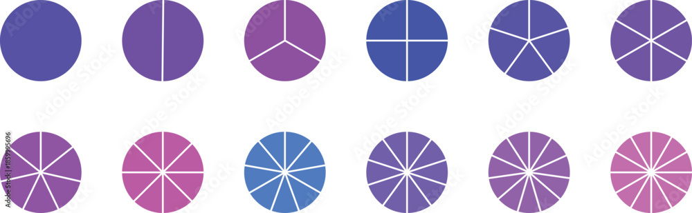 Fototapeta premium Circle pie chart diagram. Circle division infographic icon set. Loading bar set diagram multicolored collection. Pie chart divided 1,2,3,4,5,6,7,8,9,10,11, 12 equal parts. 