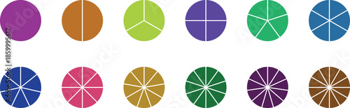 Circle pie chart diagram. Circle division infographic icon set. Loading bar set diagram multicolored collection. Pie chart divided 1,2,3,4,5,6,7,8,9,10,11, 12 equal parts.	
