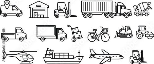 Transport, logistics, and construction icons set featuring vehicles, warehouses, forklifts, cargo, and mobility tools in line style