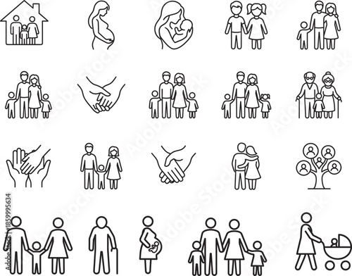 Family and relationship icons set featuring parents, children, grandparents, pregnancy, care, support, and connection visuals in line style