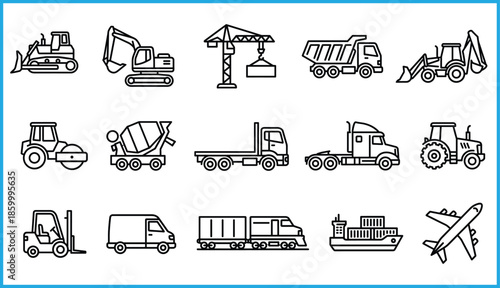 Construction and transport vehicle icons set featuring industrial machines, logistics, freight, and mobility visuals in black line style
