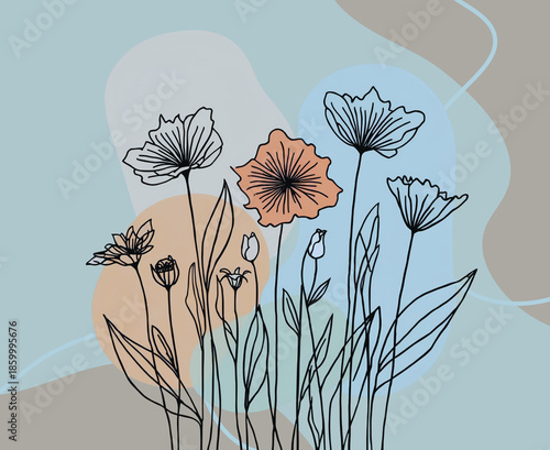 Elegant hand-drawn floral line art illustration in shades of blue, grey, brown, black and white colours 