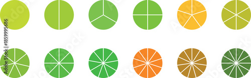Circle pie chart diagram. Circle division infographic icon set. Loading bar set diagram multicolored collection. Pie chart divided 1,2,3,4,5,6,7,8,9,10,11, 12 equal parts.	