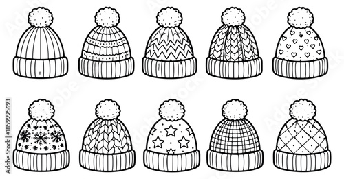 Hand drawn line art winter hat set featuring various knitted patterns and pom-poms for seasonal designs