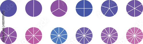 Circle pie chart diagram. Circle division infographic icon set. Loading bar set diagram multicolored collection. Pie chart divided 1,2,3,4,5,6,7,8,9,10,11, 12 equal parts.	
