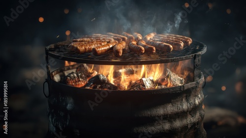 A firewood-fueled barbecue built into a rustic metal drum, flames glowing beneath a metal rack of sausages, smoke haze
