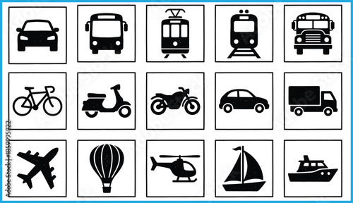 Transportation icons set featuring land, air, and water vehicles including car, bus, train, airplane, boat, scooter, and bicycle