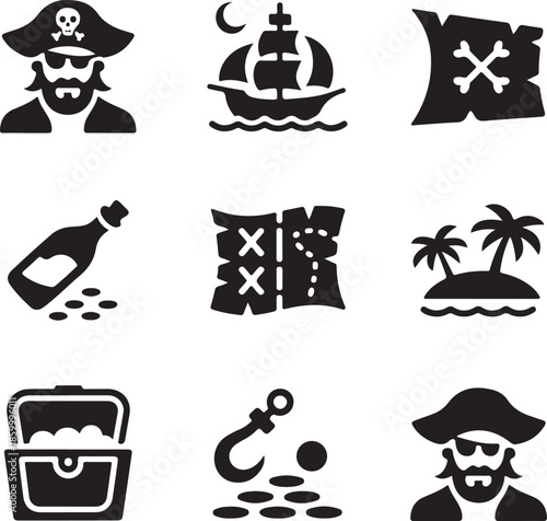 Pirate icons with treasure and symbols on white background