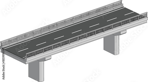 Isometric highway bridge illustration with road and barriers, detailed vector infrastructure design, urban transportation concept for construction, engineering, and city planning projects
