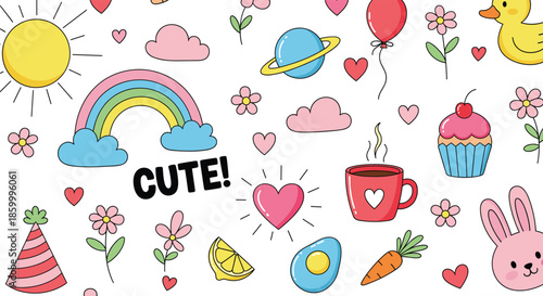 Cute doodle sticker vector set featuring rainbow sun hearts cupcake bunny coffee planet and flowers isolated on white for scrapbooking graphic design.