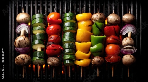 A flat lay of skewered vegetables--zucchini, bell peppers, onions, mushrooms--arranged raw beside a glowing barbecue grill, colors vivid against