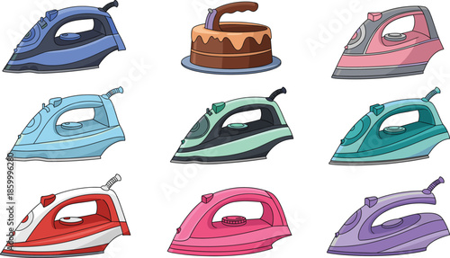 Colorful electric steam iron vector set with various modern and vintage laundry irons in bright blue pink green and red isolated on white.