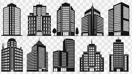 Collection of modern office building silhouettes isolated on transparent background.