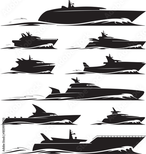 Silhouettes of various boats and ships on water  maritime transportation fleet