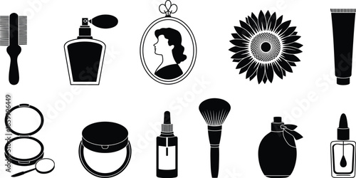 Beauty and cosmetic product silhouette set with makeup tools and perfume bottles, black vector icons collection for fashion, skincare, salon, and branding design concepts