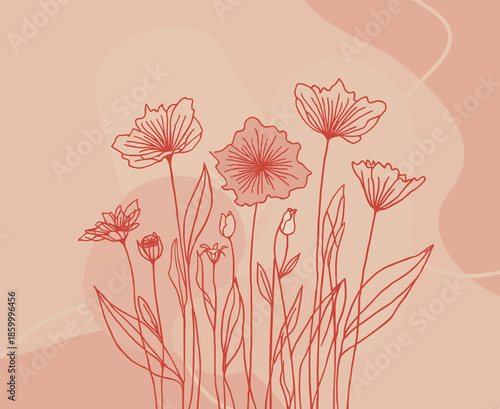 Elegant hand-drawn floral line art illustration in shades of pink and red colours