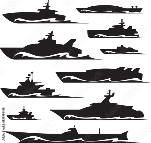 collection of various naval ship silhouettes on water