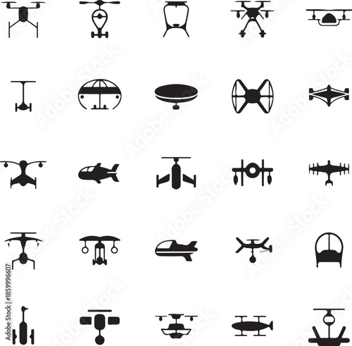Collection of various airplane and helicopter icons on white background