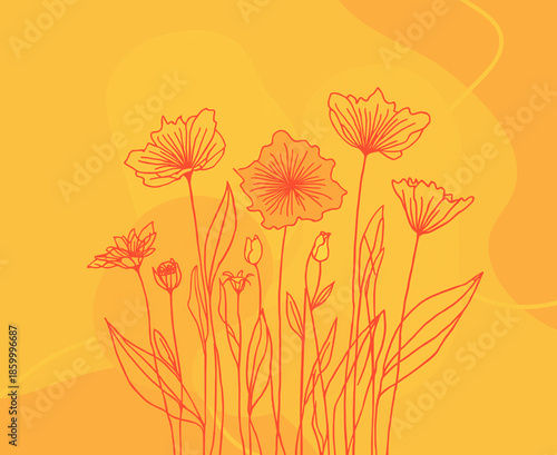 Elegant hand-drawn floral line art illustration in shades of yellow and red colours