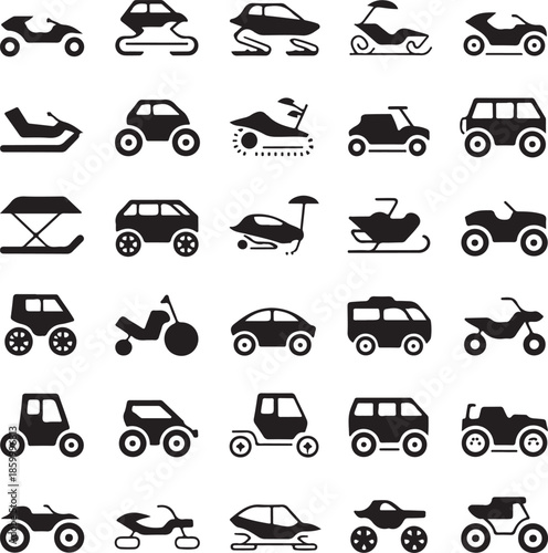 black and white icons of various vehicles on white background