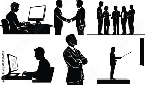 Silhouettes of business people working together in an office with desks and computers