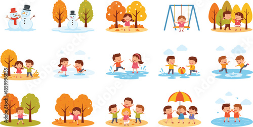 Cute children seasonal activity vector set with kids playing in autumn leaves making snowmen jumping in puddles and swinging on a playground.
