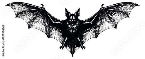 Line art illustration of a bat depicting its wings spread for Halloween designs