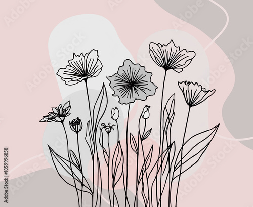Elegant hand-drawn floral line art illustration in shades of grey, pink and black