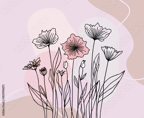 Elegant hand-drawn floral line art illustration in shades of purple, pink, and grey