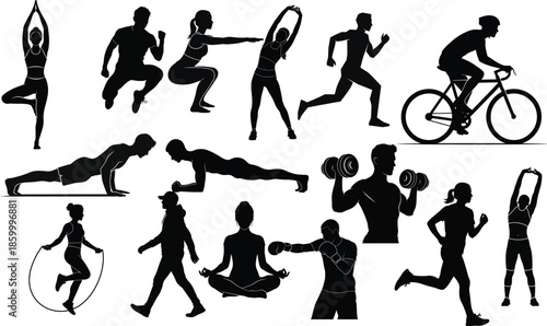 Black vector silhouettes of men and women running and playing different sports