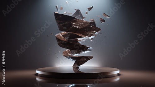 A floating spiral of glowing chocolate shards hovers above a polished reflective platform. shard casts sharp, accurate shadows. Subtle