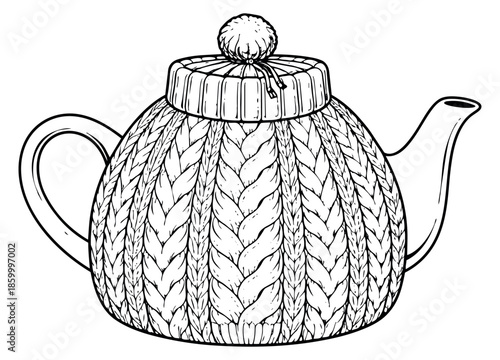 Hand drawn line art illustration of a teapot depicting a knitted cozy with a pom pom for warm beverages and winter comfort