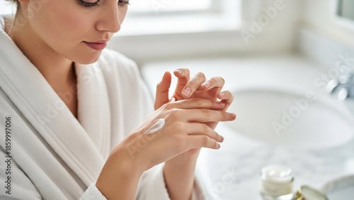 Woman in white bathrobe applying moisturizer to her hands