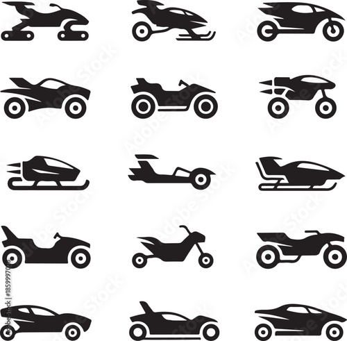 black silhouettes of various snowmobiles and cars on white background