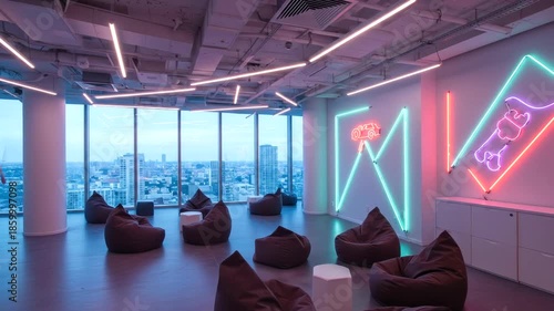 Modern Office Relaxation Zone with Neon Lights and City View.