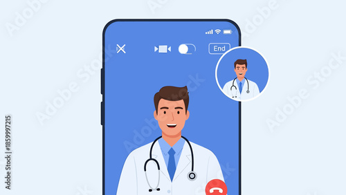 Online medical consultation via a smartphone screen displaying a doctor in a video call