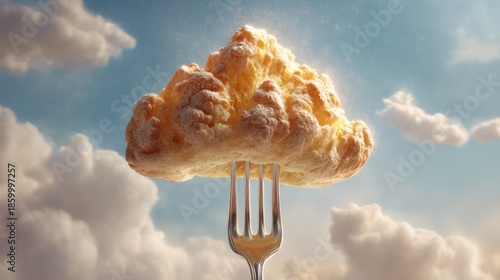 A fork pierces a fluffy bread shaped like a floating cloud, positioned centrally against a pristine backdrop. Subtle spotlighting