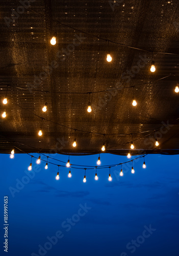 Conceptual romantic background of a cafe's ceiling with a lot of hanging light bulbs, and blue hour sky