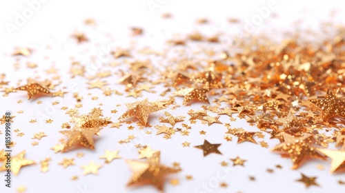 Scattering of gold glitter stars on a white background