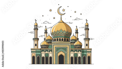 A beautiful night view of the Taj Mahal mosque at sunset in Agra India with glowing domes and minarets against the sky