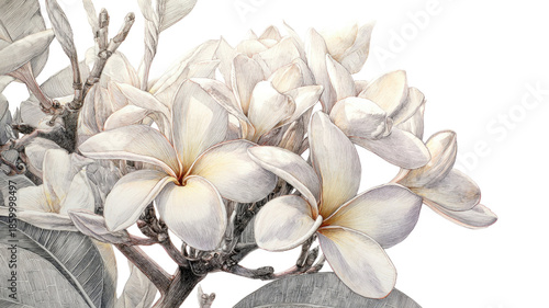 White plumeria flowers detailed botanical illustration with delicate petals and natural texture isolated on white background